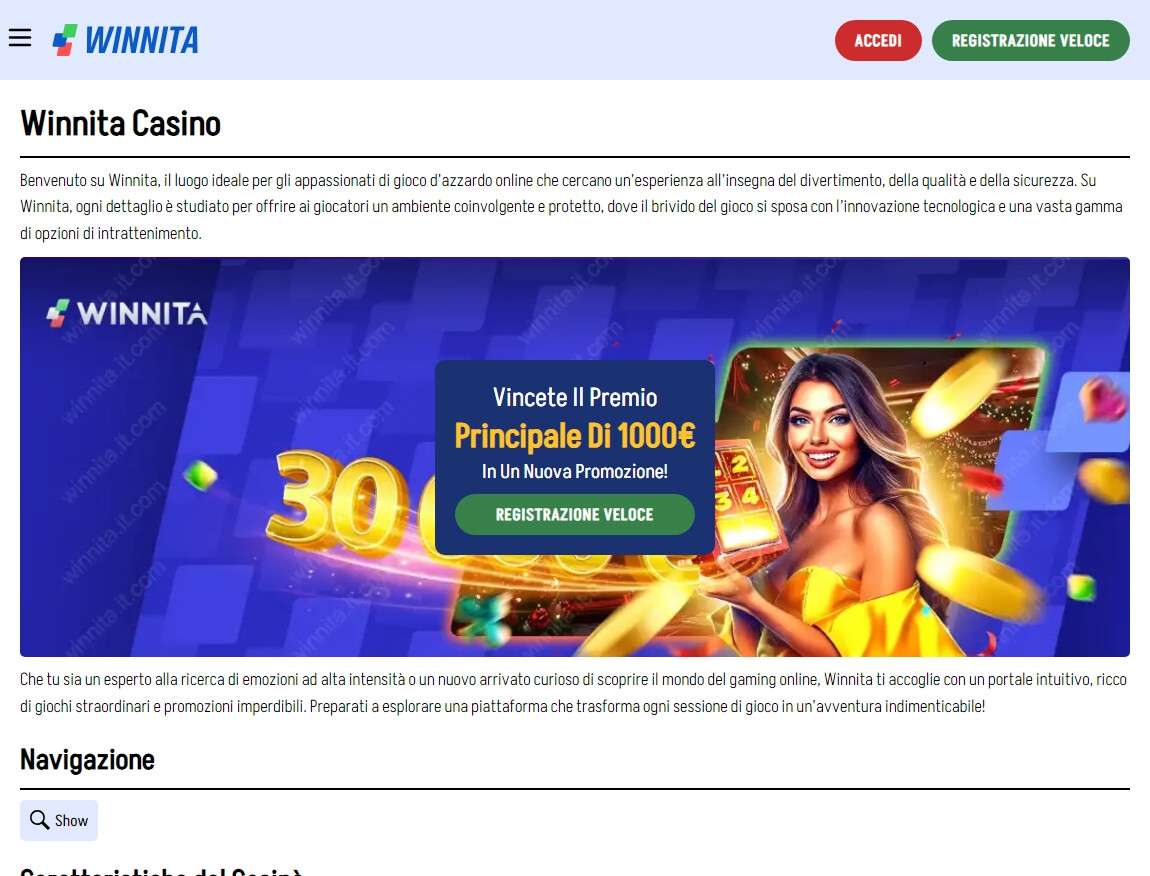 

<h3>Vantaggi Winnita senza deposito</h3>
<p>” title=”</p>
<h3>Vantaggi Winnita senza deposito</h3>
<p>“></a>Bonus Winnita Casino</p>
<p>Bonus Winnita e promozioni</p>
<p>Ci sono moltissimi bonus in questo casinò online! Il tuo account offre accesso a un bonus di benvenuto di beneficenza, diversi bonus di ricarica e una vasta gamma di bonus speciali. Inoltre, non ci sono ulteriori restrizioni locali per le promozioni del casinò, quindi qualsiasi giocatore qualificato per iscriversi può richiedere tutti i suoi bonus. Ecco quindi le promozioni del casinò che dovresti conoscere:</p>
<p>Attualmente, non è disponibile alcun bonus senza deposito da richiedere presso il casinò online. Detto questo, crediamo che il casinò potrebbe introdurre un bonus simile in futuro! Al giorno d’oggi, ci sono poche promozioni che sono altrettanto popolari tra i giocatori quanto gli incentivi senza deposito.</p>
<p>Questo perché tali ricompense consentono di giocare con una piccola quantità di Bonus in Denaro o Giri Gratis, senza dover rischiare i propri fondi depositati. Ciò che rende le promozioni molto più allettanti è il fatto che molte di esse sono anche prelevabili, una volta rimossi i requisiti di scommessa.</p>
<p>Quindi, ci auguriamo vivamente che i gestori di questo casinò offrano un’offerta di bonus senza deposito interessante prima possibile. Tenendo presente questo, tuttavia, ecco anche le altre promozioni di Winnita:</p>
<h3>Gli incentivi di benvenuto di Winnita</h3>
<p>Gli incentivi di benvenuto di qualsiasi casinò online sono solitamente il bonus più consistente per i suoi giocatori. Anche qui, Winnita offre ai giocatori un pacchetto bonus di benvenuto fino a $1500 e 300 Giri Gratis. Questo pacchetto può essere richiesto durante i primi tre depositi al casinò. Ecco cosa ti offre ognuno di essi:</p>
<p>Per usufruire della promozione, devi depositare almeno $20 con il tuo primo deposito. Questo ti premierà con un bonus del 100% e 30 Giri Gratis.</p>
<p>Poi, depositando più di $50, riceverai un bonus del 125% e 70 Giri Gratis. Quindi, depositando più di 100 $ si ottiene un bonus del 150% sul primo deposito, fino a 500 $, e 100 giri gratuiti.Skaitykite čia <a href=